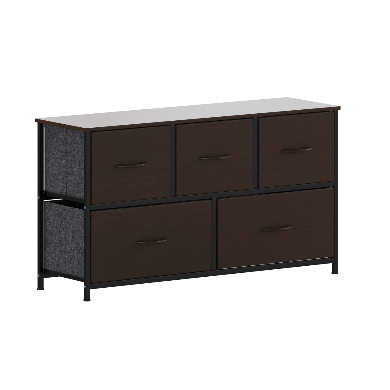 Emma and Oliver Marley 5 Drawer Storage Dresser with Cast Iron Frame, Wood Top, and Easy Pull Fabric Drawers with Wooden Handles